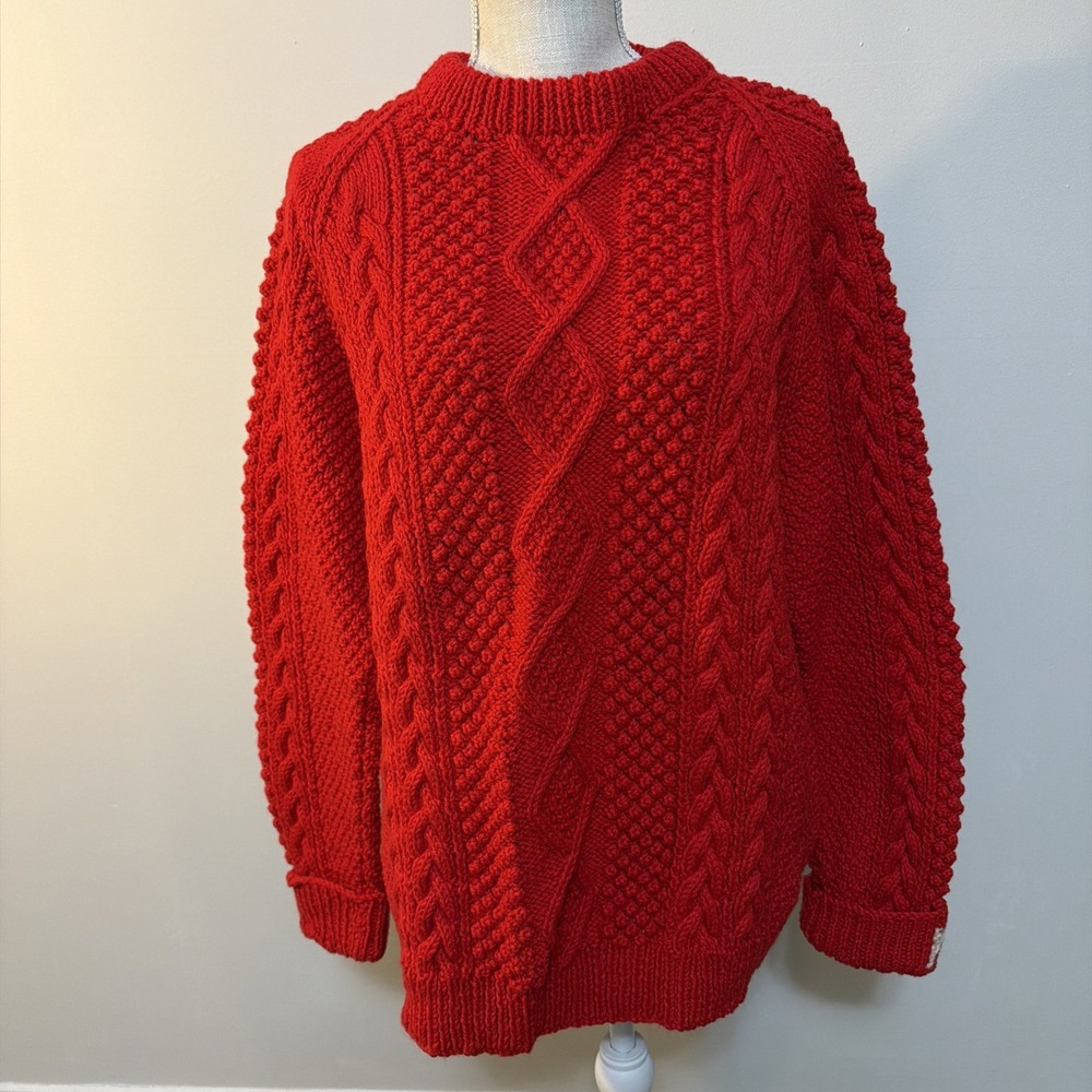 Handmade New Fisherman Red Cable Knit Pullover Sweater XL BEAUTIFUL